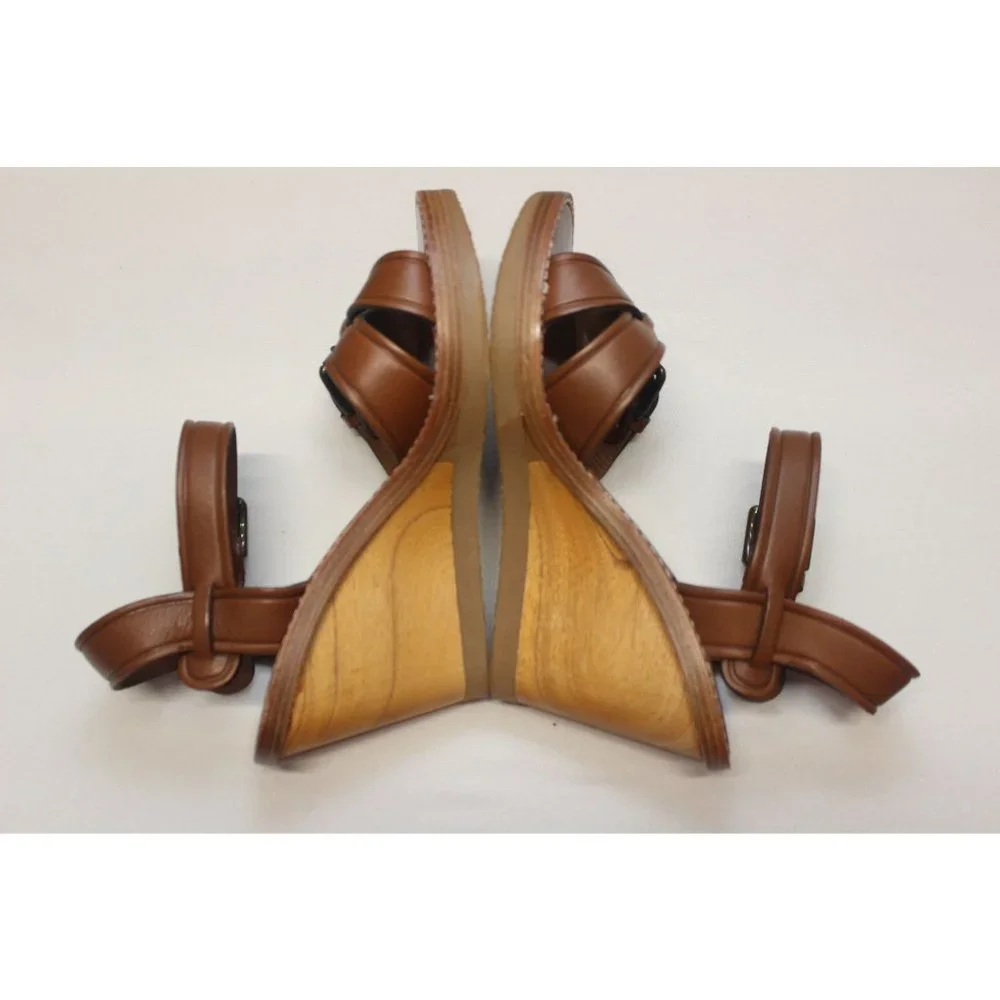 Bawcock wood leather adjustable buckle cross strap wedge sandals‎ 37